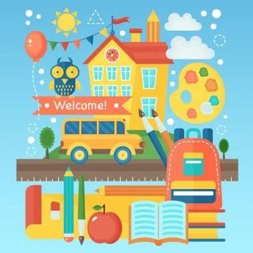 Back To School Banner with school building, bus and education icons. Vector Flat Ilustración de archivo