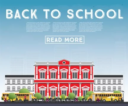 Back to School. Banner with School Bus, Building and Students. Ilustración de archivo