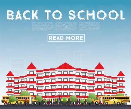 Back to School. Banner with School Bus, Building and Students. Ilustración de archivo