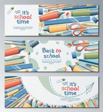 Back to school banner set. Backgrounds with stationery pencils, pen, brush Stock Illustration