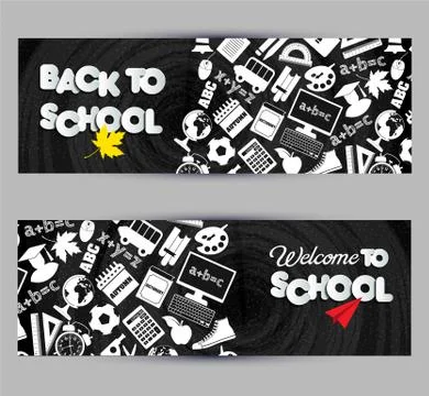 Back to school banner set on black board Stock Illustration