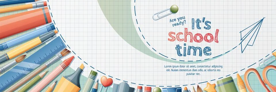 Back to school banner template. Background with stationery pencils, pen, brus Stock Illustration