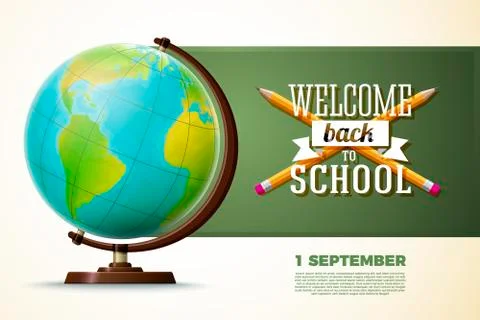 Back to school banner template, with globe and chalkboard. Vector Stock Illustration