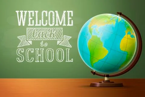 Back to school banner template, with globe on a table and chalkboard Stock Illustration