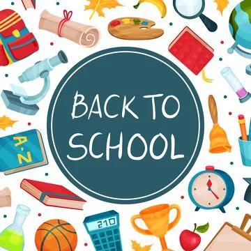 Back to school banner template. School time poster, card, backdrop cartoon Illustrazione stock