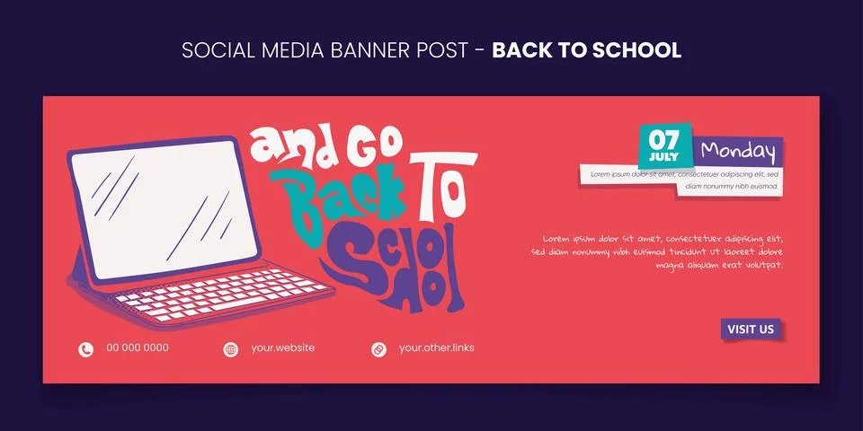 Back to school. banner template with tablet in cartoon flat design and back.. Stock Illustration