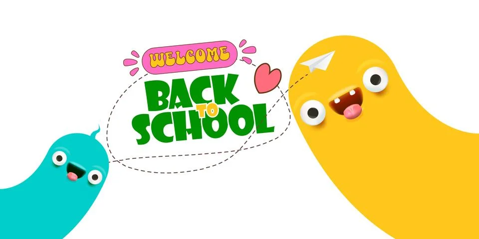 Back to school banner with Two funny cartoon friends monsters isolated on white Stock Illustration