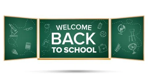 Back To School Banner Vector. Green. Classroom Chalkboard. Doodle Icons. Sale Illustrazione stock