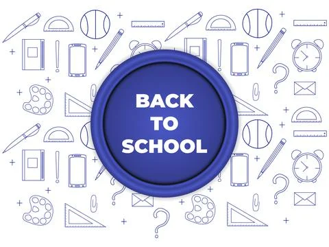 Back to school banner. White background with school supplies in blue on the t Stock Illustration