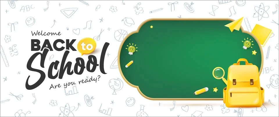 Back to school banner on white background layout decorate with chalkboard s.. Stock Illustration