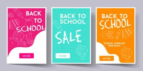 Back to school banners set with school supplies on doddle background. Stock Illustration