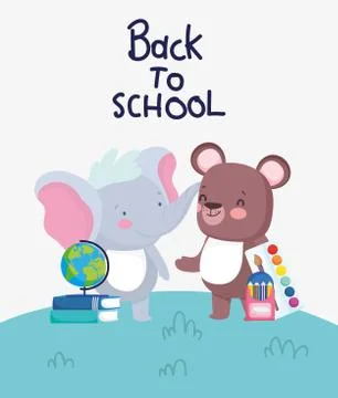Back to school bear and elephant with book and pencils Stock Illustration