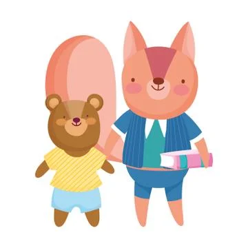 Back to school, bear and squirrel with book cartoon Stock Illustration