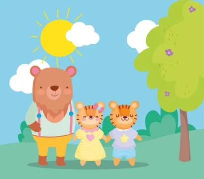 Back to school, bear and tiger kids cartoon outdoor Stock Illustration