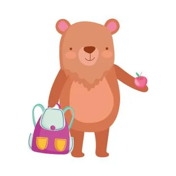 Back to school, bear with backpack and apple cartoon Stock Illustration