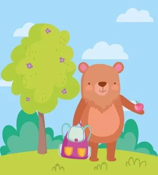 Back to school, bear with backpack and apple Stock Illustration