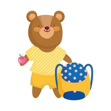 Back to school, bear backpack and apple cartoon Stock Illustration