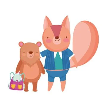 Back to school, bear with bag and squirrel cartoon Stock Illustration