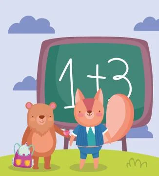 Back to school, bear with bag and squirrel chalkboard Stock Illustration