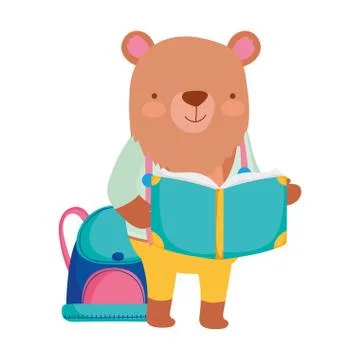 Back to school, bear with book backpack cartoon Stock Illustration