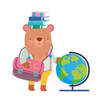 Back to school, bear books globe map backpack cartoon Stock Illustration