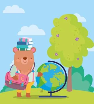 Back to school, bear books globe map backpack tree outdoor Stock Illustration