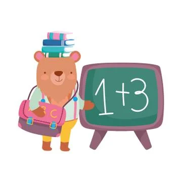 Back to school, bear with books on head chalkboard backpack cartoon Stock Illustration