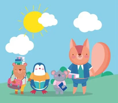 Back to school, bear squirrel penguin koala with books bag outdoors Stock Illustration