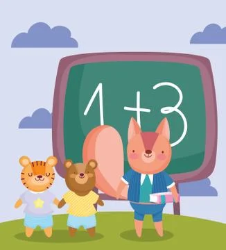 Back to school, bear squirrel tiger students chalkboard Stock Illustration