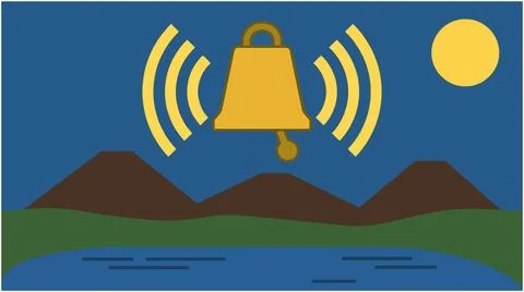 Back to School Bell icon ringing over mountains and a setting sun with moun.. Stock Illustration