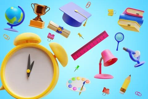 Back to school. Big alarm clock and student learning education elements. Stock Illustration