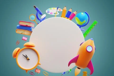 Back to school. Big empty circle, education learning elements, alarm clock 写真素材