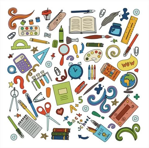 Back to school. Big vector doodle set. Stationery for school, university and Stock Illustration