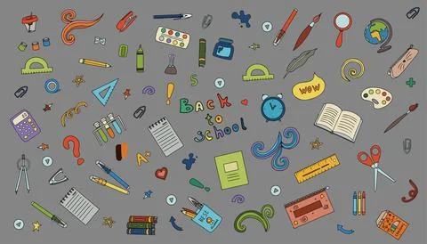 Back to school. Big vector doodle set. Stationery for school, university and Illustrazione stock