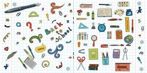 Back to school. Big vector doodle set. Stationery for school, university and Stock Illustration