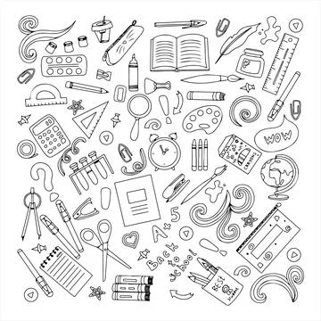 Back to school. Big vector doodle set. Stationery for school, university and Illustrazione stock