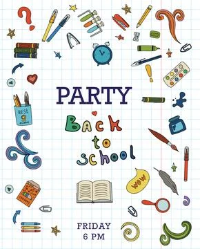 Back to school. Big vector doodle set. Stationery for school, university and Illustrazione stock