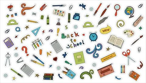 Back to school. Big vector doodle set. Stationery for school, university and Stock Illustration