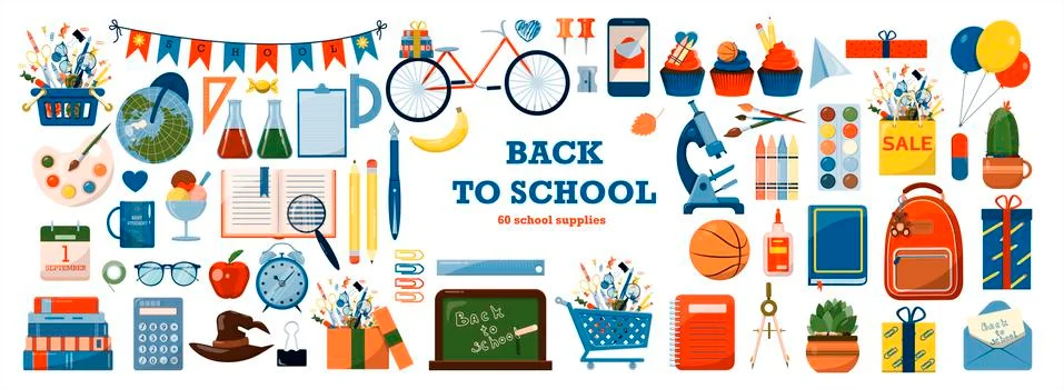 Back to school. Big vector set. Stationery for school, university and office Stock Illustration