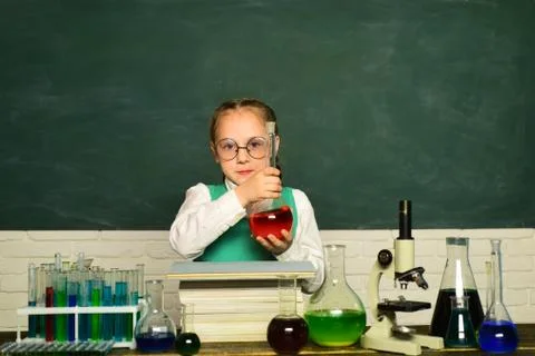 Back to school. Biology experiments with microscope. What is taught in chemistry Stock Photos