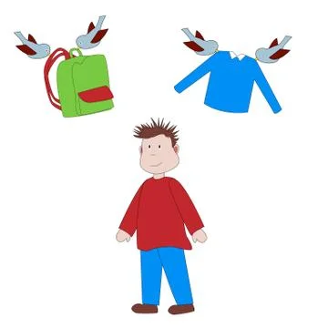 Back to school. Birds bring to a boy a backpack and a school uniform. Stock Illustration