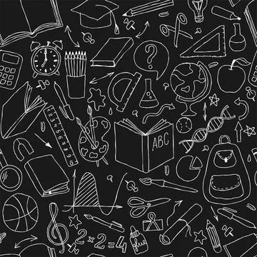 Back to school black and white doodle hand draw seamless vector pattern. Go.. Illustrazione stock