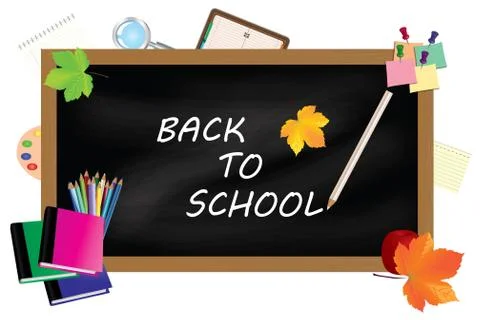Back to school. Black desk with school supplies and autumn leaves. Stock Illustration