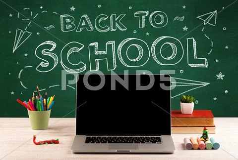 Back to school blackboard and student desk Stock Photos