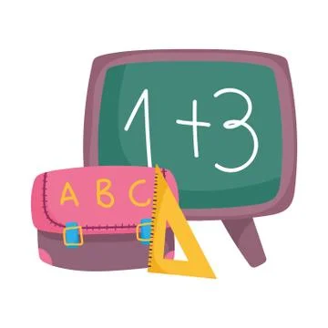 Back to school blackboard backpack and triangle ruler cartoon Stock Illustration