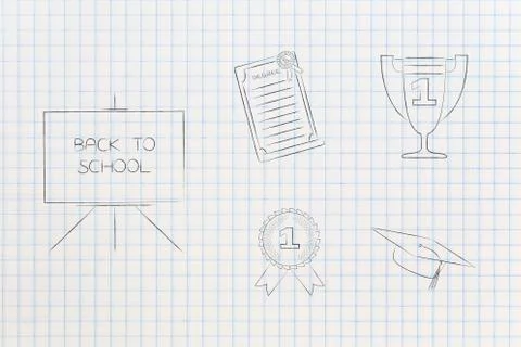 Back to school blackboard next to group of education accomplishment icons fro Stock Illustration
