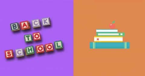 Back to school on blocks and stack of books against purple and orange background Stock Footage 156507172