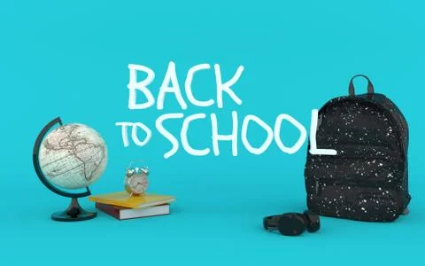 Back to school blue background with backpack and world globe 3d render Stock Illustration