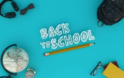 Back to school blue background with backpack and world globe 3d render Stock Illustration