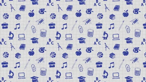 Back to School Blue Doodle Pattern on Graph Paper Background Loop Stock Footage 340811616